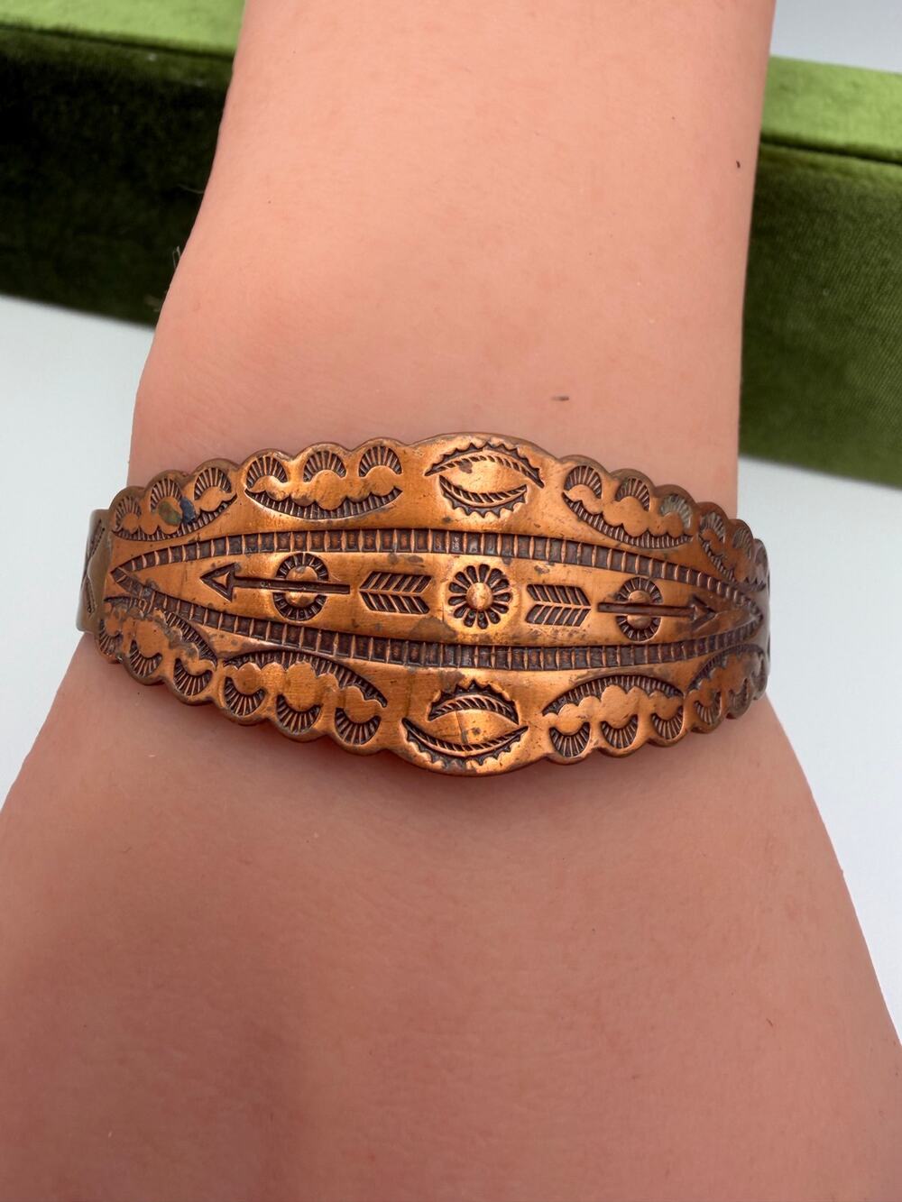 Vintage Copper Women's Cuff Bracelet Native American Etched Stamped